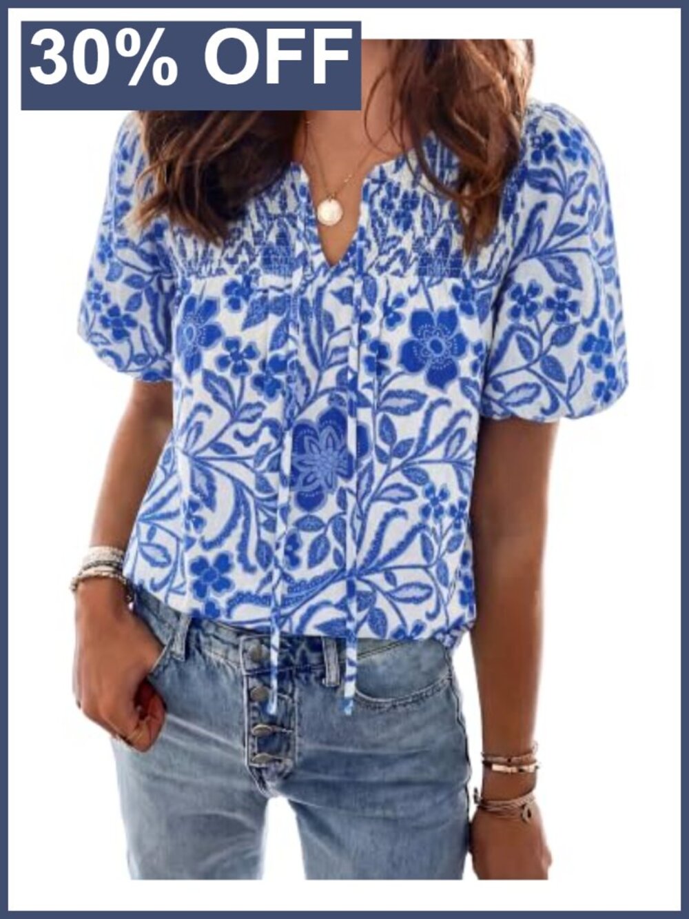 KIRUNDO Women's Floral Puff Sleeve V-Neck Blouse Boho Peasant Top